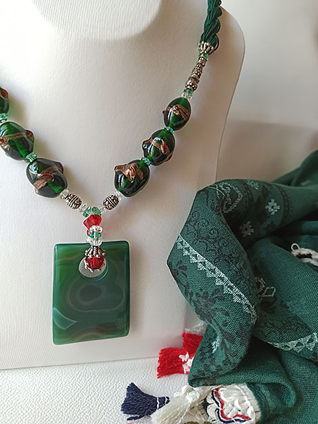 Necklace Green Agate Glass enameled